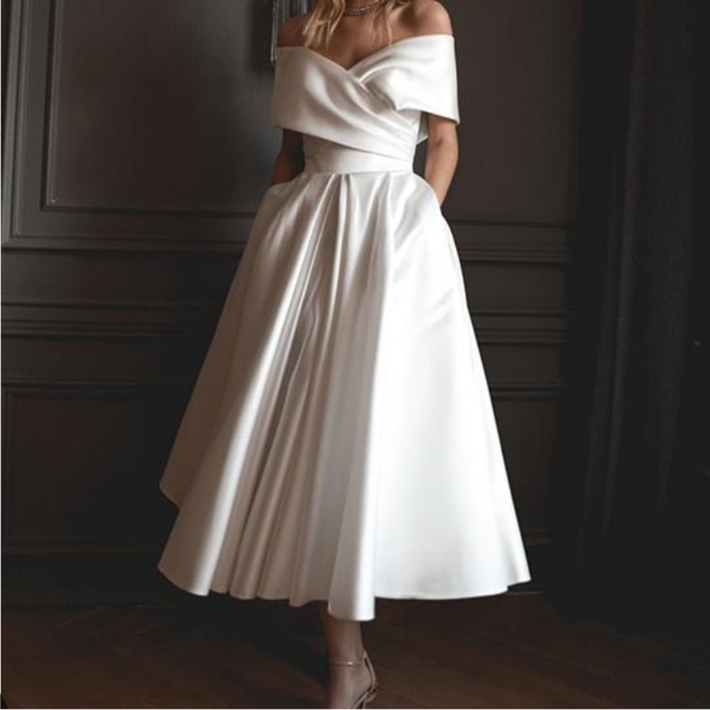 Size 12 Tea Length White Satin Wedding Dress Off the Shoulder Sleeves